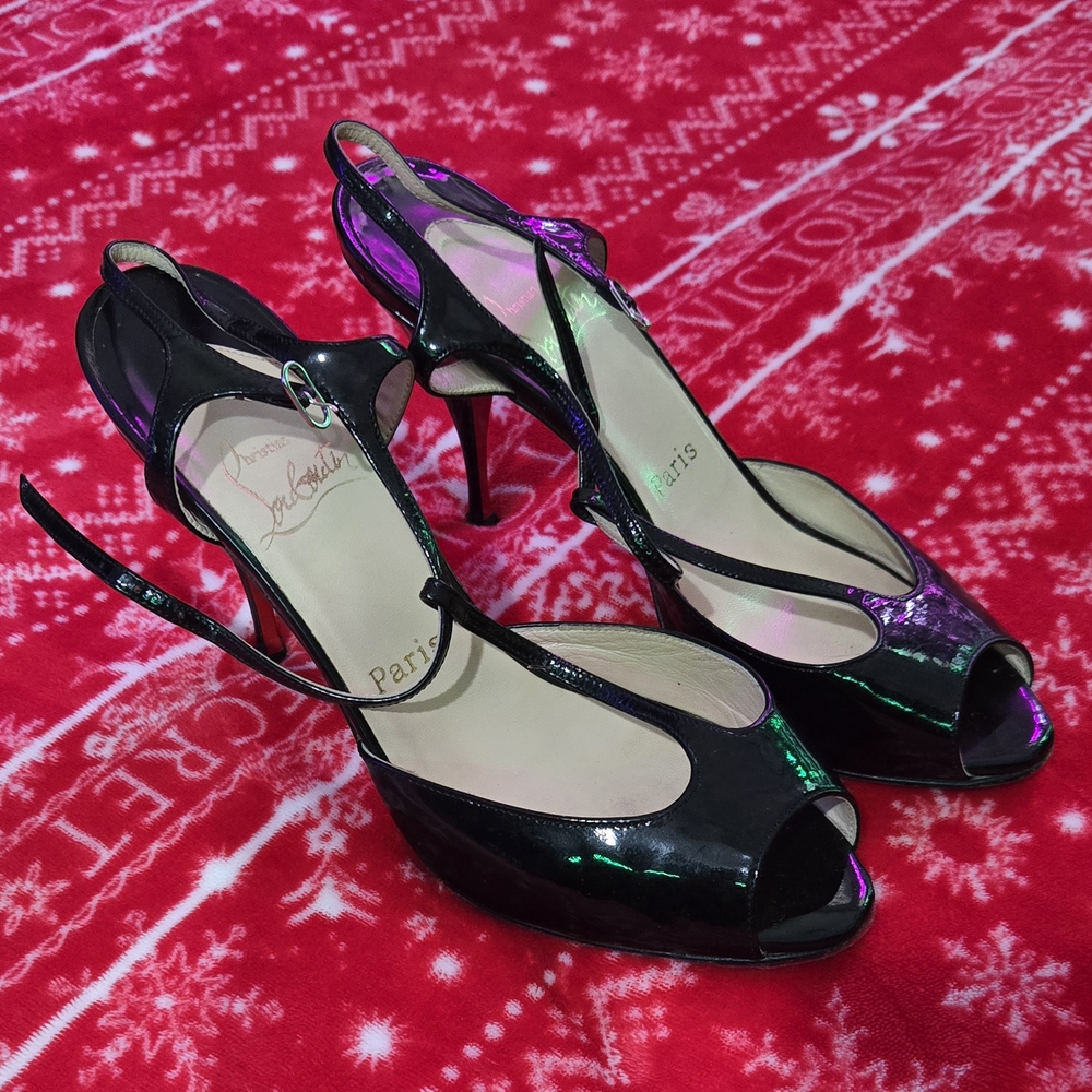 Louboutin Black Patent Leather Slingback Heels - Picture 3 of 16